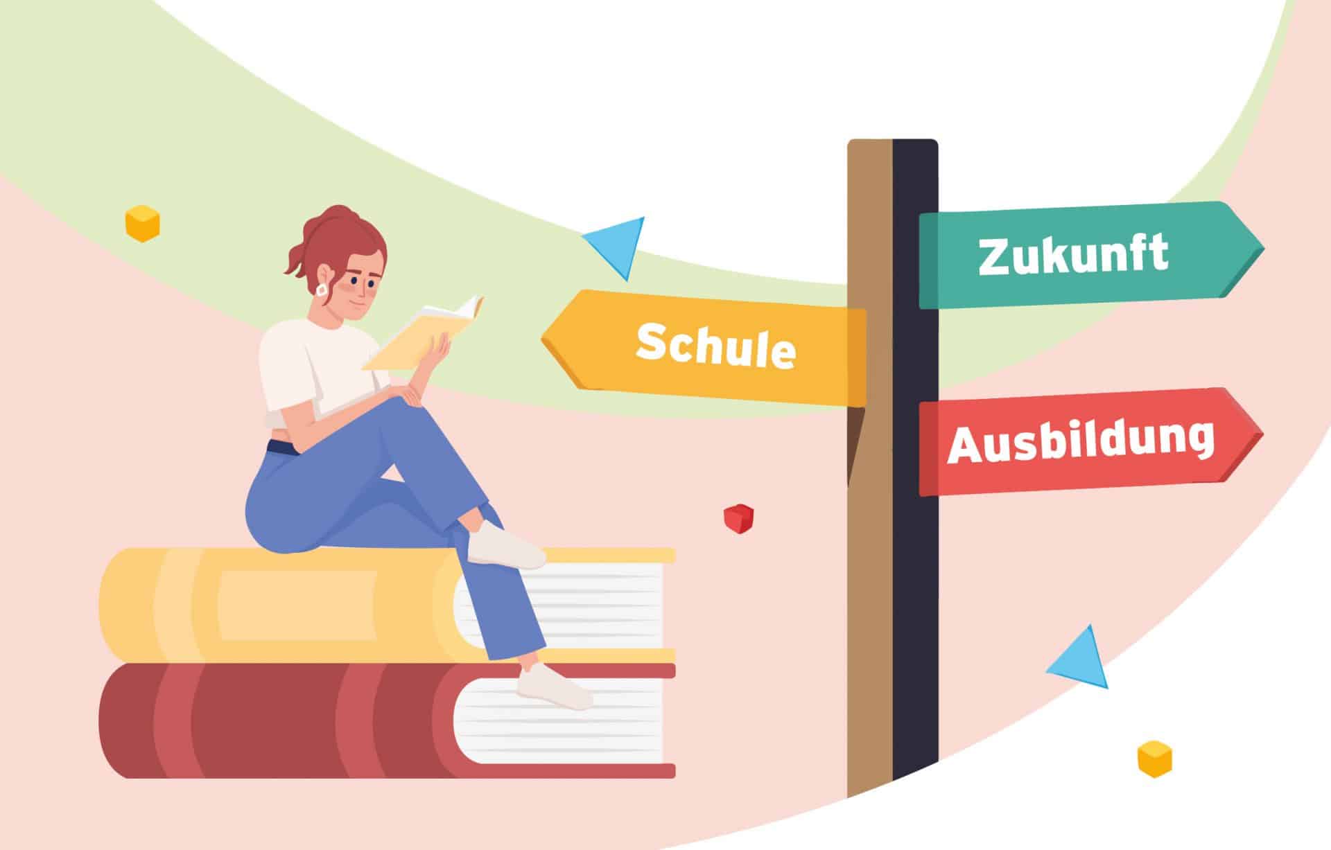 Junge Frau liest auf Büchern sitzend, Wegweiser zeigt Zukunft, Schule, Ausbildung.