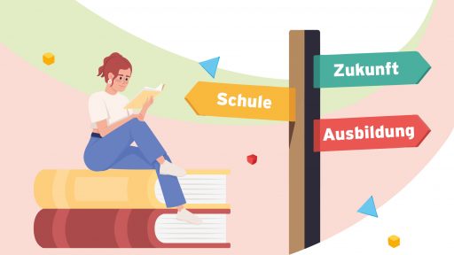 Junge Frau liest auf Büchern sitzend, Wegweiser zeigt Zukunft, Schule, Ausbildung.